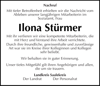 Traueranzeige von Ilona Stürmer von Mitteldeutsche Zeitung Merseburg/Querfurt