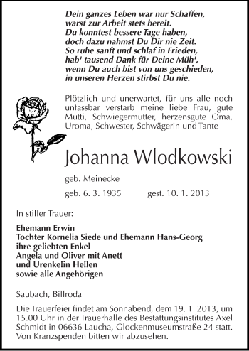 Traueranzeige von Johanna Wlodkowski von Mitteldeutsche Zeitung Naumburg/Nebra