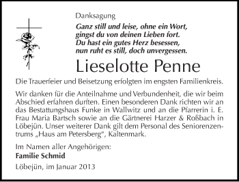 Traueranzeige von Lieselotte Penne von Mitteldeutsche Zeitung Halle/Saalkreis