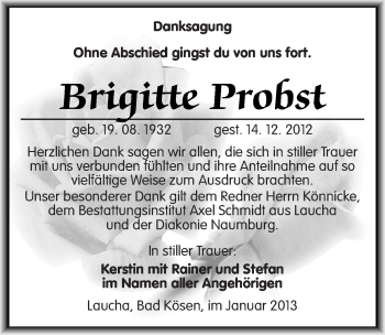 Traueranzeige von Brigitte Probst von Mitteldeutsche Zeitung Naumburg/Nebra