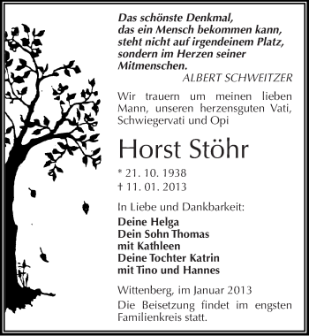 Traueranzeige von Horst Stöhr von Mitteldeutsche Zeitung Wittenberg