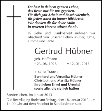 Traueranzeige von Gertrud Hübner von Mitteldeutsche Zeitung Mansfelder Land