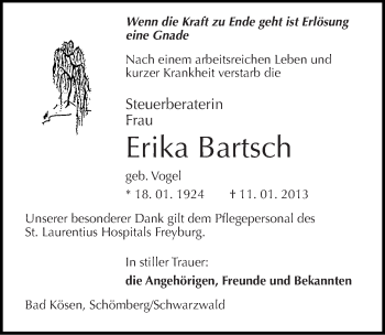 Traueranzeige von Erika Bartsch von Mitteldeutsche Zeitung Naumburg/Nebra