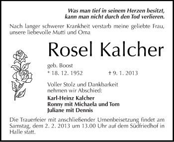 Traueranzeige von Rosel Kalcher von Mitteldeutsche Zeitung Halle/Saalkreis