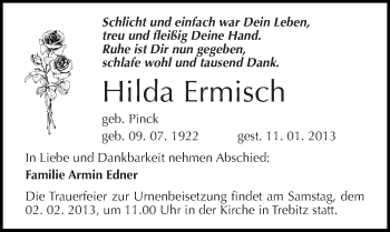 Traueranzeige von Hilda Ermisch von Mitteldeutsche Zeitung Halle/Saalkreis