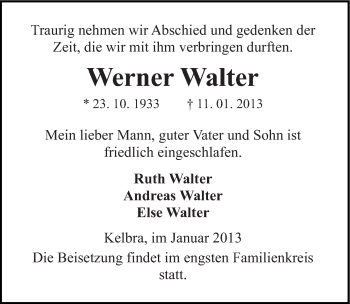 Traueranzeige von Werner Walter von Mitteldeutsche Zeitung Sangerhausen
