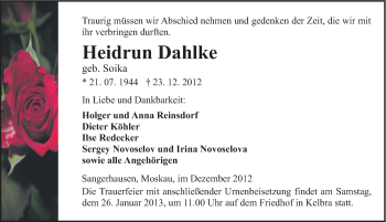 Traueranzeige von Heidrun Dahlke von Mitteldeutsche Zeitung Sangerhausen
