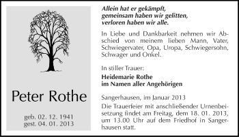 Traueranzeige von Peter Rothe von Mitteldeutsche Zeitung Sangerhausen