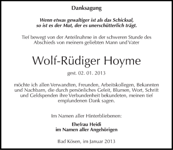 Traueranzeige von Wolf-Rüdiger Hoyme von Mitteldeutsche Zeitung Naumburg/Nebra