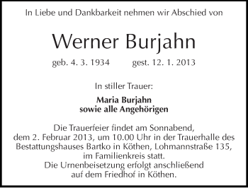 Traueranzeige von Werner Burjahn von Mitteldeutsche Zeitung Köthen