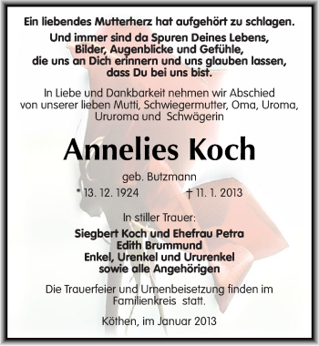 Traueranzeige von Annelies Koch von Mitteldeutsche Zeitung Köthen