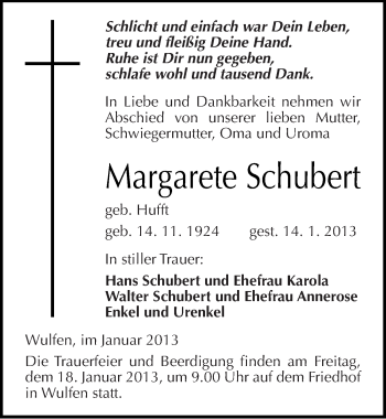 Traueranzeige von Margarete Schubert von Mitteldeutsche Zeitung Köthen