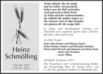 Traueranzeige von Heinz Schmölling von Mitteldeutsche Zeitung Mansfelder Land