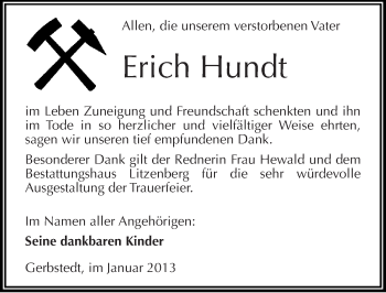 Traueranzeige von Erich Hundt von Mitteldeutsche Zeitung Mansfelder Land