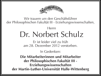 Traueranzeige von Norbert Schulz von Mitteldeutsche Zeitung Halle/Saalkreis