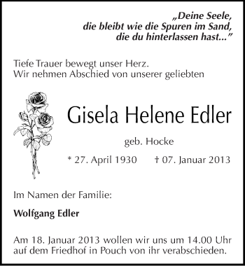 Traueranzeige von Gisela Helene Edler von Mitteldeutsche Zeitung Bitterfeld