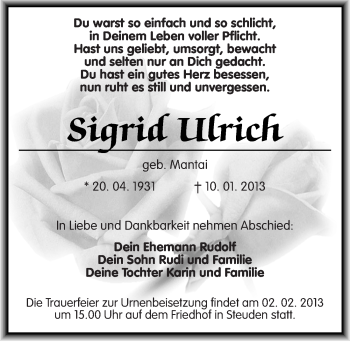 Traueranzeige von Sigrid Ulrich von Mitteldeutsche Zeitung Halle/Saalkreis