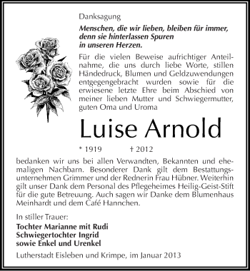 Traueranzeige von Luise Arnold von Mitteldeutsche Zeitung Halle/Saalkreis