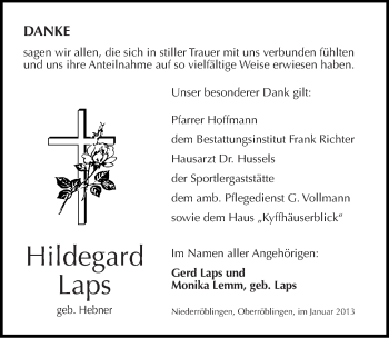 Traueranzeige von Hildegard Laps von Mitteldeutsche Zeitung Sangerhausen