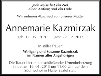Traueranzeige von Annemarie Kazmirzak von Mitteldeutsche Zeitung Halle/Saalkreis