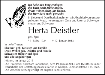 Traueranzeige von Herta Deistler von Mitteldeutsche Zeitung Köthen