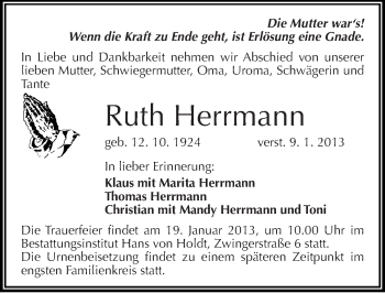 Traueranzeige von Ruth Herrmann von Mitteldeutsche Zeitung Halle/Saalkreis
