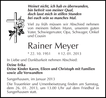Traueranzeige von Rainer Meyer von Mitteldeutsche Zeitung Sangerhausen