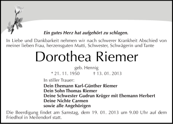 Traueranzeige von Dorothea Riemer von Mitteldeutsche Zeitung Köthen