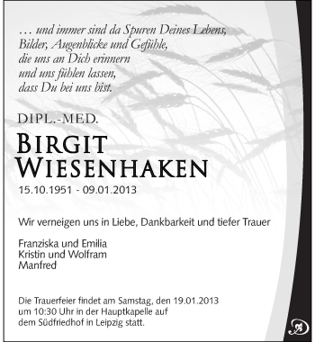 Traueranzeige von Birgit Wiesenhaken von Mitteldeutsche Zeitung Mansfelder Land