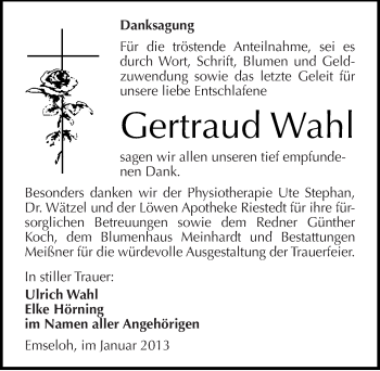 Traueranzeige von Gertraud Wahl von Mitteldeutsche Zeitung Sangerhausen