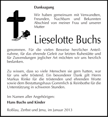 Traueranzeige von Lieselotte Buchs von Mitteldeutsche Zeitung Dessau-Roßlau