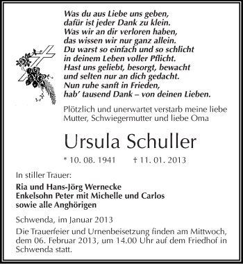 Traueranzeige von Ursula Schuller von Mitteldeutsche Zeitung Sangerhausen