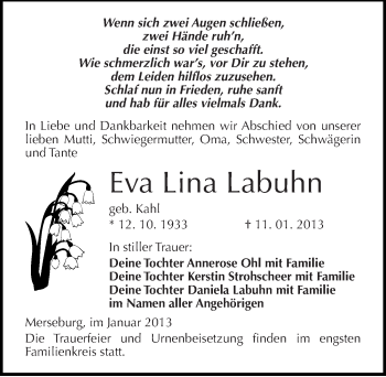 Traueranzeige von Eva Lina Labuhn von Mitteldeutsche Zeitung Merseburg/Querfurt