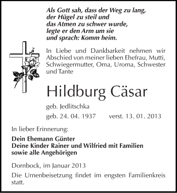 Traueranzeige von Hildburg Cäsar von Mitteldeutsche Zeitung Köthen