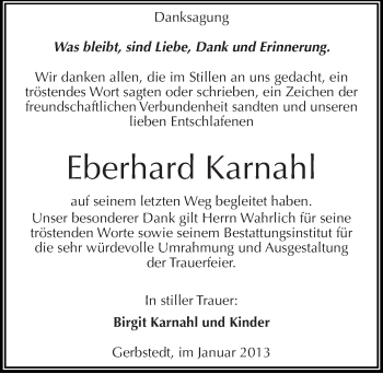 Traueranzeige von Eberhard Karnahl von Mitteldeutsche Zeitung Mansfelder Land