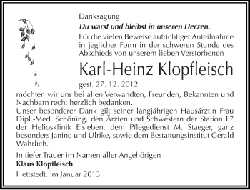 Traueranzeige von Karl-Heinz Klopfleisch von Mitteldeutsche Zeitung Mansfelder Land