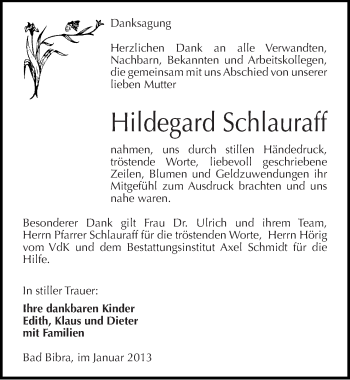 Traueranzeige von Hildegard Schlauraff von Mitteldeutsche Zeitung Naumburg/Nebra