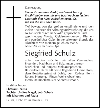 Traueranzeige von Siegfried Schulz von Mitteldeutsche Zeitung Merseburg/Querfurt