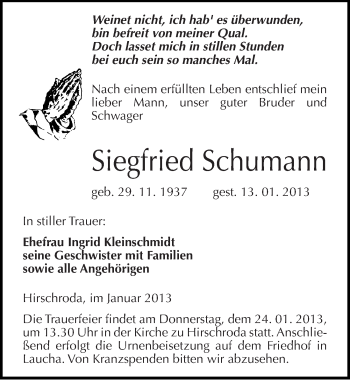 Traueranzeige von Siegfried Schumann von Mitteldeutsche Zeitung Naumburg/Nebra