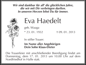 Traueranzeige von Eva Haedelt von Mitteldeutsche Zeitung Halle/Saalkreis