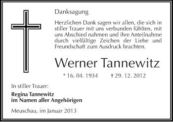 Traueranzeige von Werner Tannewitz von Mitteldeutsche Zeitung Merseburg/Querfurt