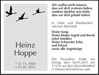 Traueranzeige von Heinz Hoppe von Mitteldeutsche Zeitung Dessau-Roßlau