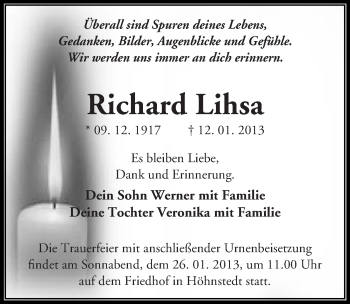 Traueranzeige von Richard Lihsa von Mitteldeutsche Zeitung Halle/Saalkreis