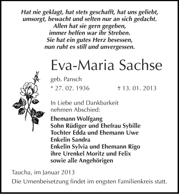 Traueranzeige von Eva-Maria Sachse von Mitteldeutsche Zeitung Weißenfels