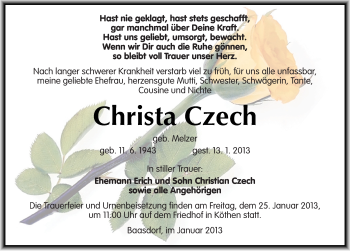 Traueranzeige von Christa Czech von Mitteldeutsche Zeitung Köthen