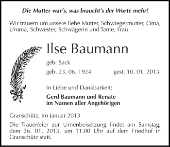 Traueranzeige von Ilse Baumann von Mitteldeutsche Zeitung Weißenfels
