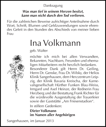Traueranzeige von Ina Volkmann von Mitteldeutsche Zeitung Sangerhausen