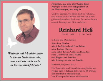 Traueranzeige von Reinhard Heß von Mitteldeutsche Zeitung Mansfelder Land