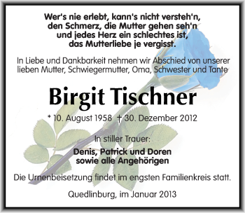 Traueranzeige von Birgit Tischner von Mitteldeutsche Zeitung Quedlinburg