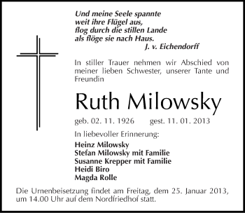 Traueranzeige von Ruth Milowsky von Mitteldeutsche Zeitung Halle/Saalkreis
